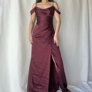 David’s Bridal Burgundy bridesmaids maxi gown dress